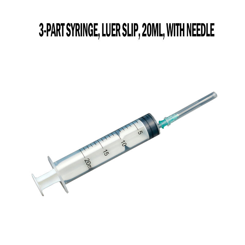 syringe ea likarolo tse 3, luer slip, 20ml, e nang le nale